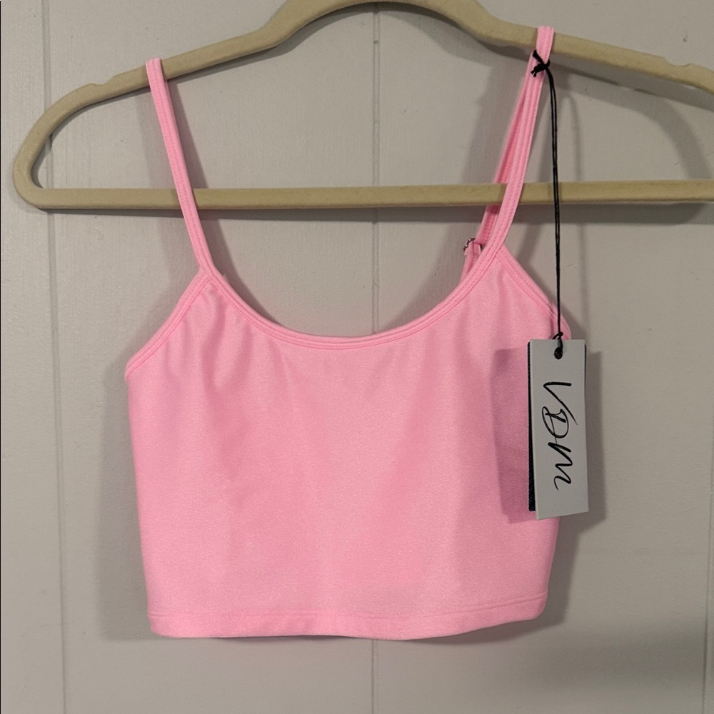 VDM Light Pink Shimmer Spaghetti Strap Cropped Bikini Top
